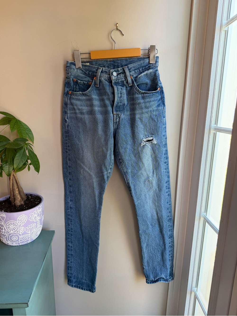 Levi's Blue Distressed High-Rise Straight Jeans